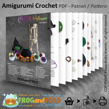 Sorcière, Chaudron, Squelette et des Yeux / Witch, Cauldron, Skeleton and Eyeballs - CHIBI Halloween - Amigurumi Crochet - Patron / Pattern - FROG and TOAD Créations